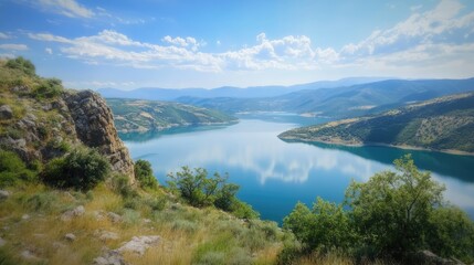 Obraz premium Serene lake view surrounded by majestic mountains under a clear blue sky in a picturesque natural landscape ideal for travel enthusiasts