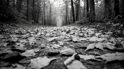 Forest pathway blanketed with fallen leaves in monochrome, evoking tranquility and natural beauty in a serene woodland setting.