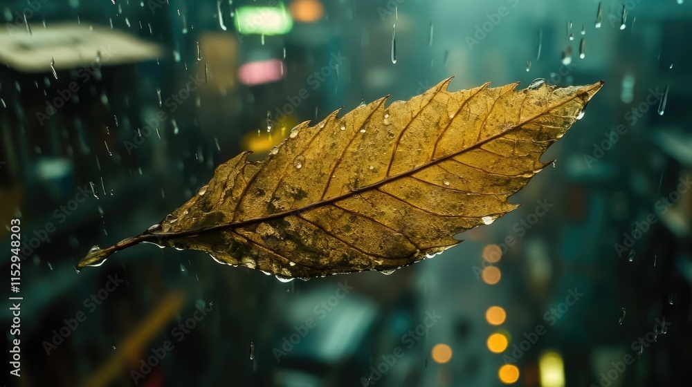 Poster autumn leaf floating on rain water with blurred city lights reflecting in the background creating a 