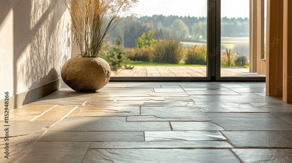 Aufkleber natural stone flooring enhancing wellness spaces with sunlight and nature views creating a serene th