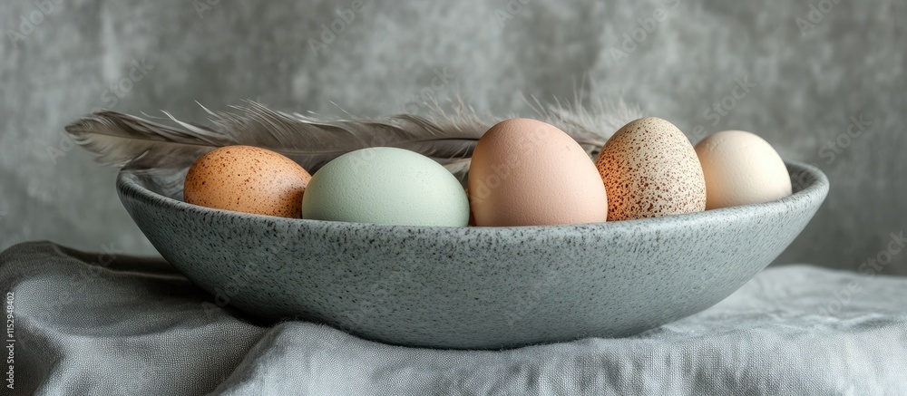 Poster naturally dyed eggs in a gray ceramic bowl with feathers on a textured tablecloth background creatin