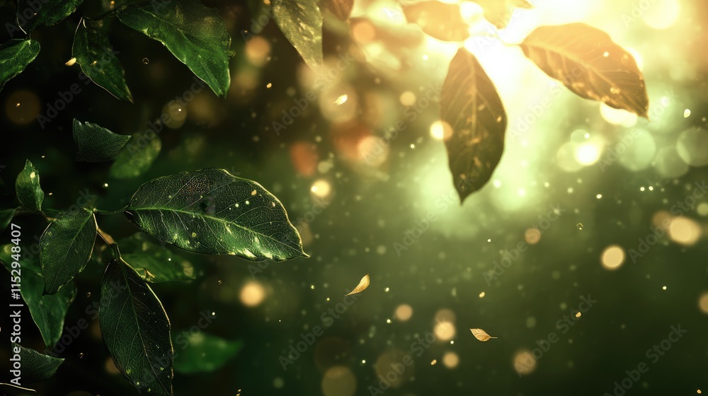 Poster nature green bokeh sunlight flare with blurred leaves creating an abstract texture background for so