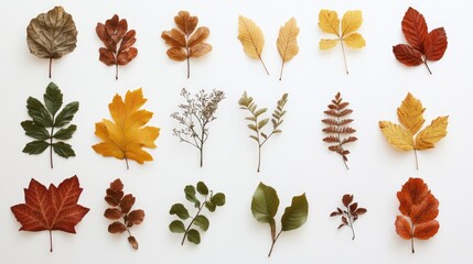 Fototapeta premium Various Autumn Leaves Displayed on White Background in Artistic Arrangement