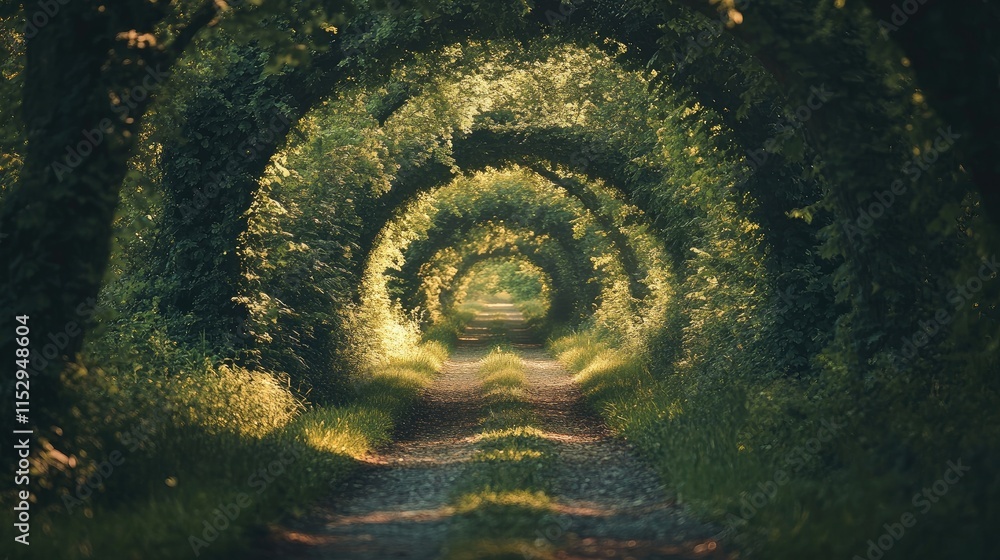 Poster enchanting forest pathway surrounded by lush greenery creating a serene natural tunnel effect for tr