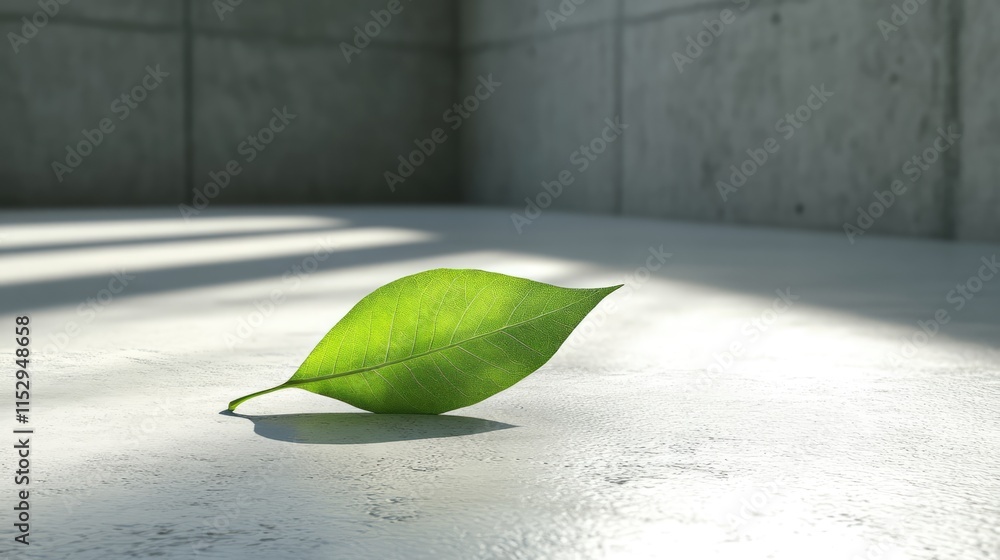 Poster green leaf resting on a textured cement floor with soft shadows and natural light creating a serene 