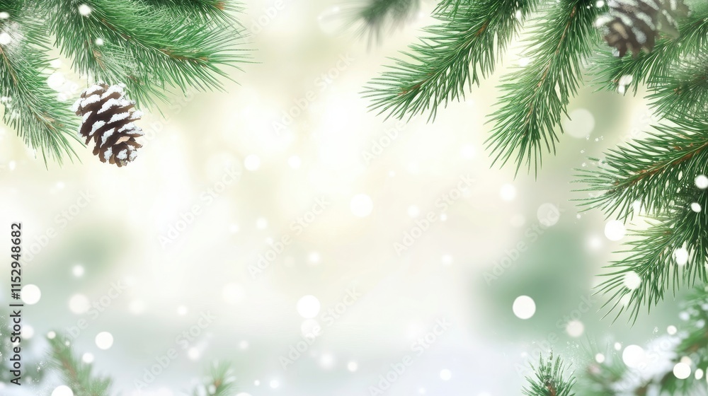 Poster pine tree leaves with blurred background and snowflakes creating a serene winter atmosphere in a nat