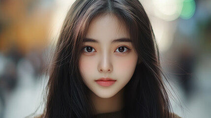beautiful young girl with long dark hair and captivating eyes, standing outdoors in blurred urban background. Her expression is serene and engaging, capturing essence of youth