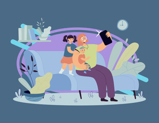 Smiling mother taking selfie with children on phone flat vector illustration. Cartoon mom sitting on couch, holding baby and daughter standing near her. Family and digital technology concept