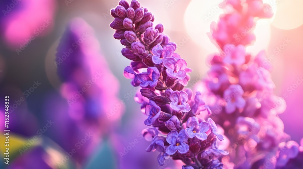 Poster purple flower blossoms in soft focus with a beautiful bokeh effect creating a serene nature backgrou