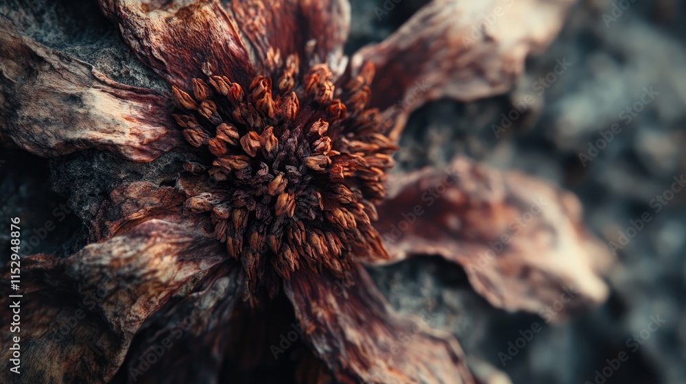 Poster macro close-up of dried wildflower showcasing intricate details and textures in a natural earthy set