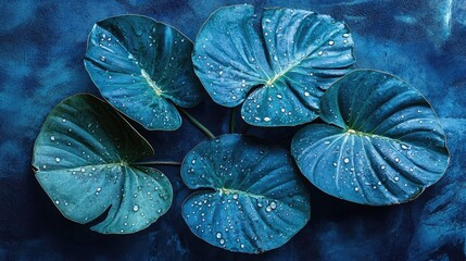 Blue tropical leaves with water droplets on a dark background showcasing nature's beauty and serenity in botanical photography.