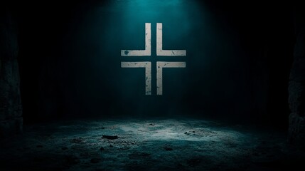 Naklejka premium Mysterious Cross Symbol in Dark Stone Chamber
