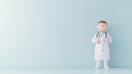 Obraz premium A 3D cartoon character made from colorful plasticine dressed as a doctor holding a stethoscope, standing on a white background