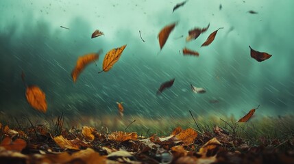 Fototapeta premium Autumn leaves swirling in a stormy wind against a blurred forest backdrop capturing the essence of seasonal change and nature's power.