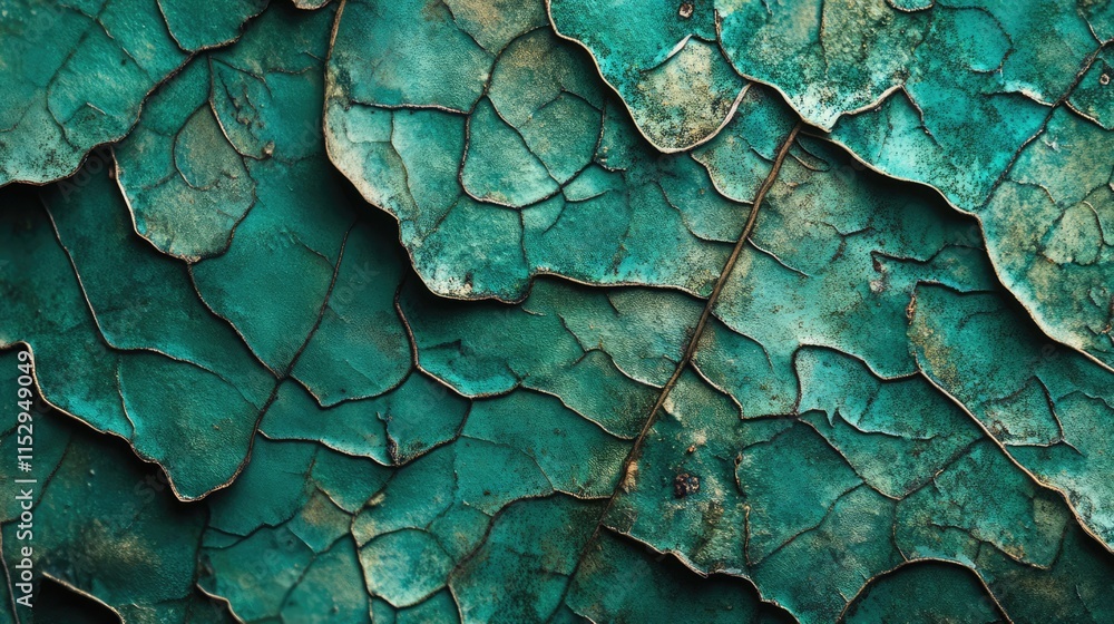 Poster macro photo showcasing intricate patterns and textures of aged leaf surfaces with vibrant teal hues 