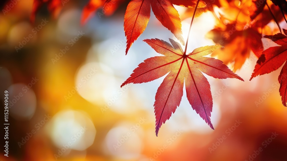 Aufkleber autumn leaves glowing in sunlight creating a vibrant natural background with soft bokeh effect ideal