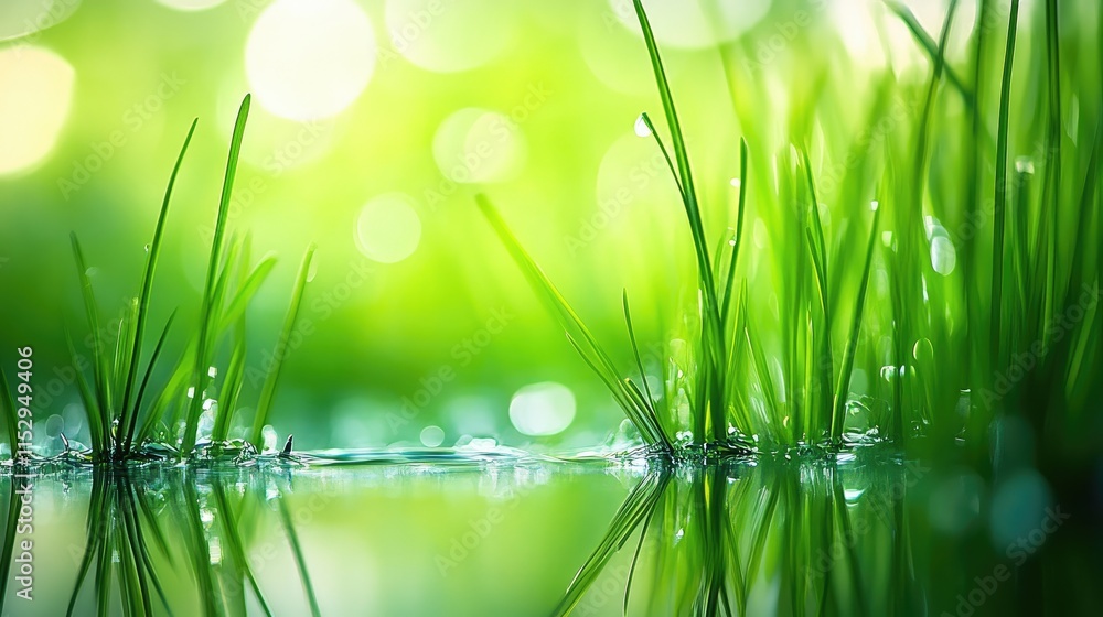 Poster lush green grass reflection on calm water surface with soft bokeh background in nature scene