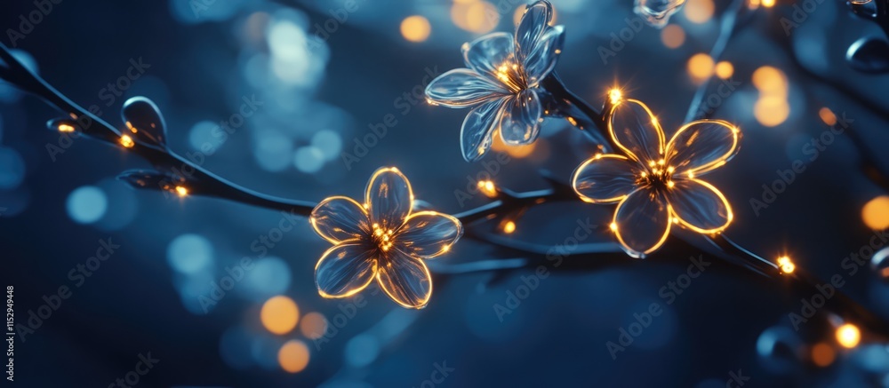 Poster abstract glow of led flower lights on tree branches creating a dreamy luminous background in soft bl