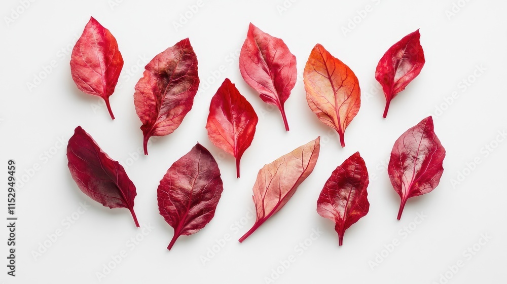 Poster red chard leaves arranged on a white background showcasing vibrant colors and unique shapes in a top