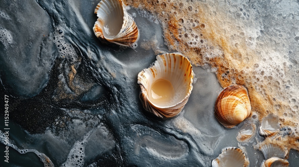 Poster seashells resting on wet sand with ocean foam creating a textured natural background perfect for coa