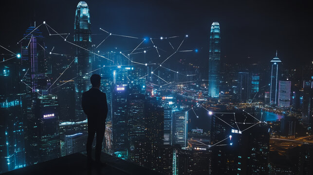 Abstract businesswoman stands on the peak of success Smart digital city with connection cyber security network reciprocity over the cityscape future wireless digital city and social media networking