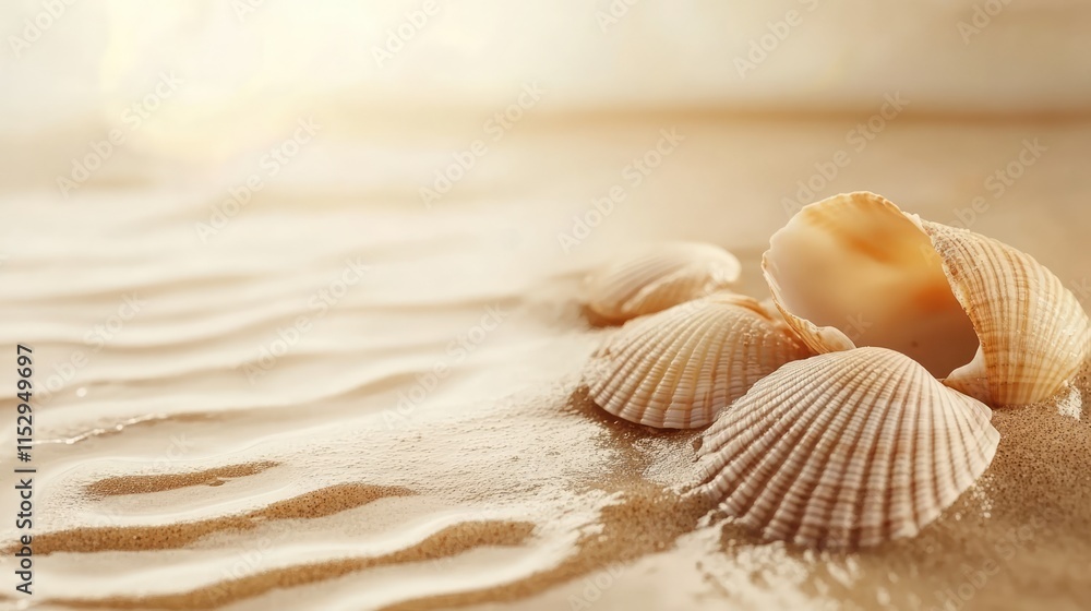 Poster natural seashells on wet sandy beach with gentle waves creating a serene coastal background or textu