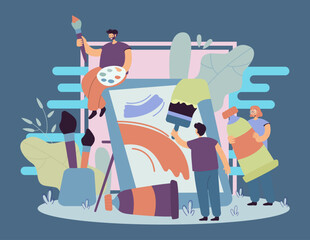 Tiny artists creating artwork together flat vector illustration. Positive cartoon characters painting or drawing on canvas with paintbrush. Art community and workshop concept