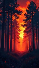 Fototapeta premium Dark forest with silhouetted trees against flickering flames background, fire, forest