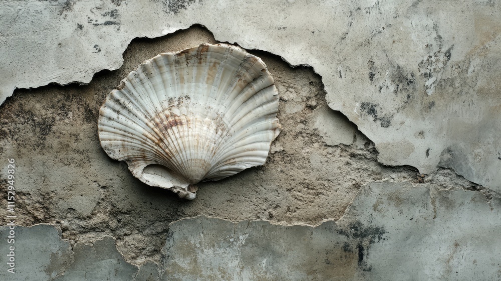 Poster shell embedded in a weathered concrete wall showcasing texture, cracks, and rustic details, highligh