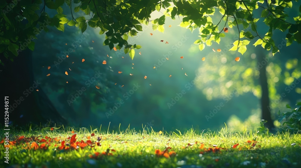 Aufkleber serene forest scene with sunlight filtering through leaves creating a tranquil nature atmosphere wit
