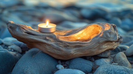 Driftwood candle holder on pebbled beach creating a serene nature ambiance with warm candlelight illuminating the natural wood textures