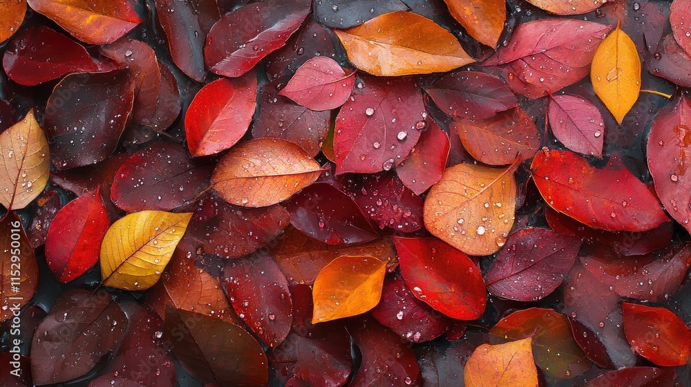 Poster colorful autumn leaves with water droplets resting on a wet surface creating a vibrant natural backg