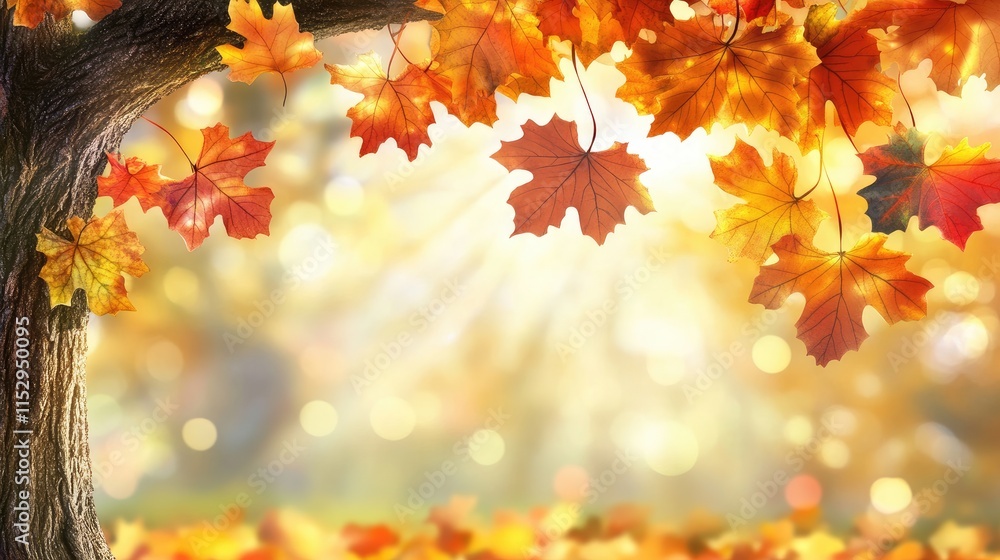 Poster autumn leaves on a tree branch with sunlight creating a warm and vibrant fall atmosphere