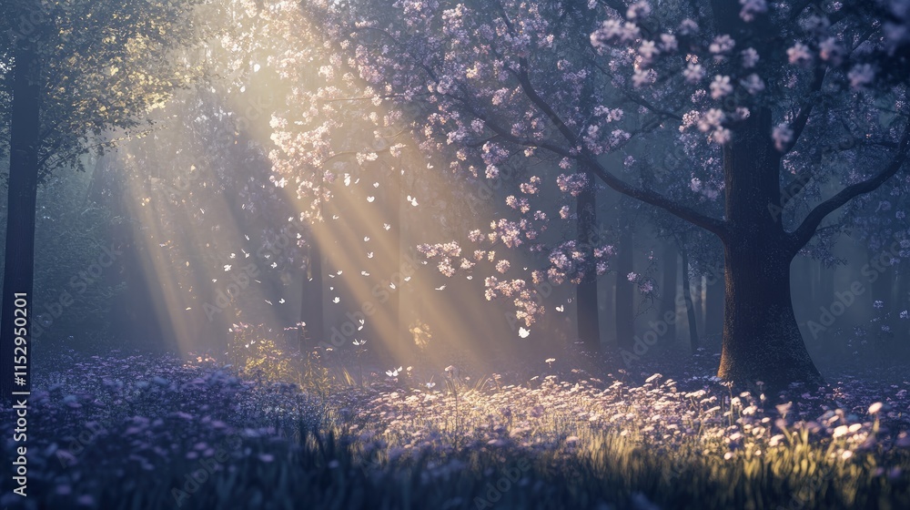 Poster serene spring forest with blooming flowers and soft sunlight filtering through trees creating a tran