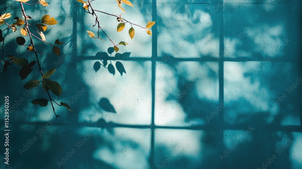 Poster leaves casting a shadow on turquoise background with window pane effect creating a serene and artist