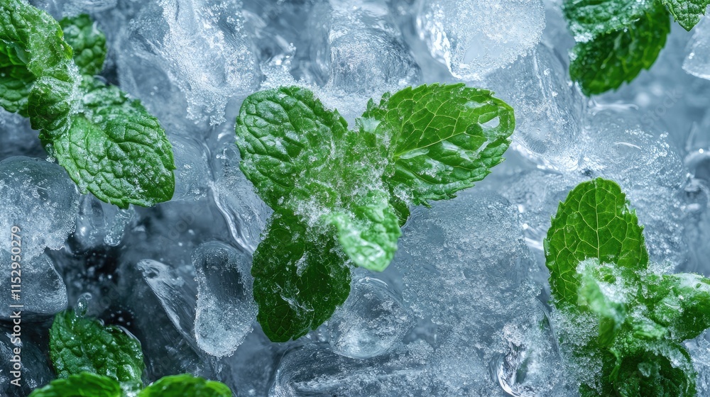 Poster fresh mint leaves embedded in ice cubes creating a refreshing aesthetic for culinary and beverage pr
