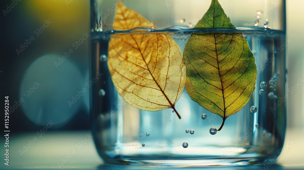 Poster dried leaves submerged in a glass of water with bubbles creating a serene and artistic atmosphere in