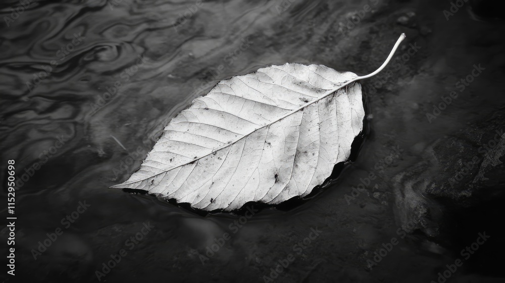 Poster black and white image of a single leaf floating on still water capturing nature's simplicity and tra