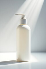 Delicate light streaks illuminating a gleaming white pump bottle placed against a bright white backdrop, streaks, shine