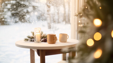 A serene dining nook with a small round table set for two, surrounded by warm wooden tones. Outside the frosted window, snow blankets the landscape. The table features a candle centerpiece, mugs of