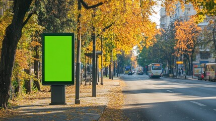 Street Advertising concept, Vertical digital billboard with blank green screen on city street