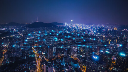 Obraz premium Abstract businesswoman stands on the peak of success Smart digital city with connection cyber security network reciprocity over the cityscape future wireless digital city and social media networking