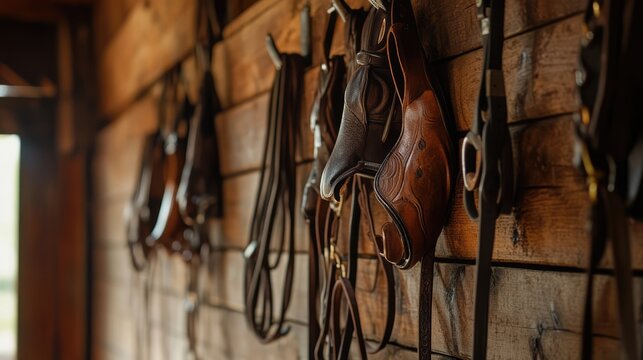 Vintage leather horse bridles and bits elegantly displayed on a rustic stable wall with one bridle notably absent