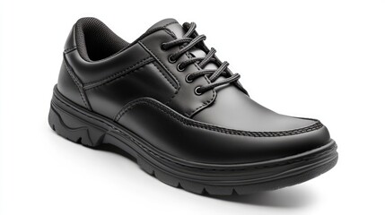 Black leather men's shoe on white background showcasing modern design and comfort suitable for casual and formal occasions.