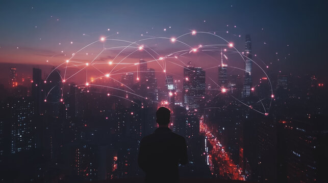 Abstract businesswoman stands on the peak of success Smart digital city with connection cyber security network reciprocity over the cityscape future wireless digital city and social media networking