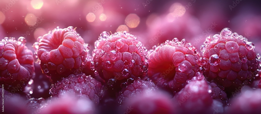 Poster vibrant close-up of freshly picked black raspberries adorned with droplets on a soft bokeh backgroun