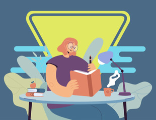 Woman writing in notebook. Female student reading book and taking notes. Girl keeping diary. Vector illustration for journal, studying, education concept