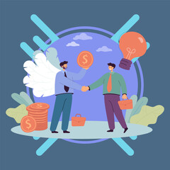 Angel advisor or sponsor funding startup project. Investor giving financial support flat vector illustration. Investment, entrepreneurship, coworking concept for banner, website design, landing page