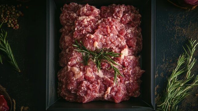 Fresh raw minced meat in black box garnished with rosemary on dark background with herbs and spices around