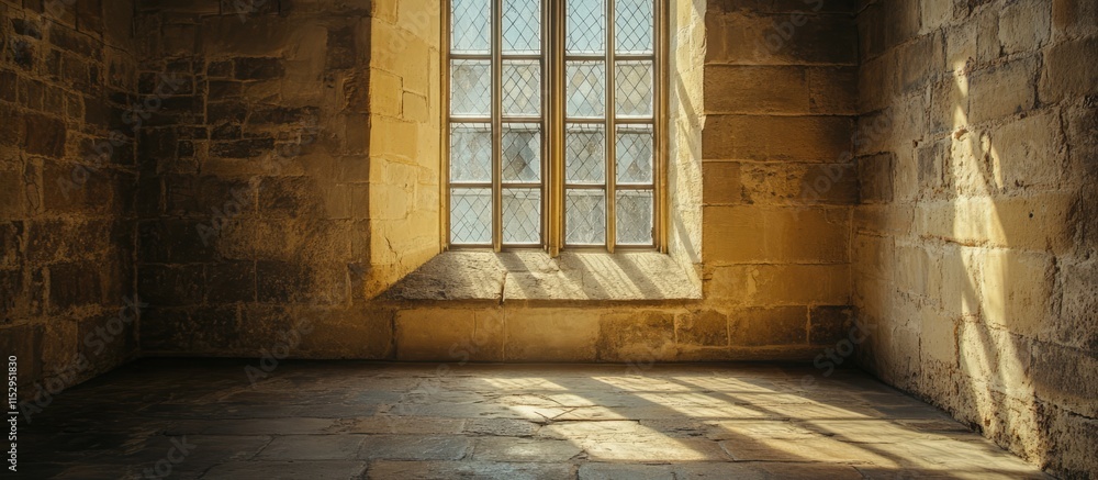Poster latticed castle window illuminating rustic stone wall with subtle shadows creating a serene historic